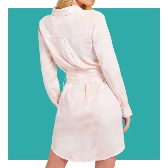Guess Rose Bliss La Shonda Pink Tie Dye Button Down Belted Shirt Dress Size M - Picture 3 of 14